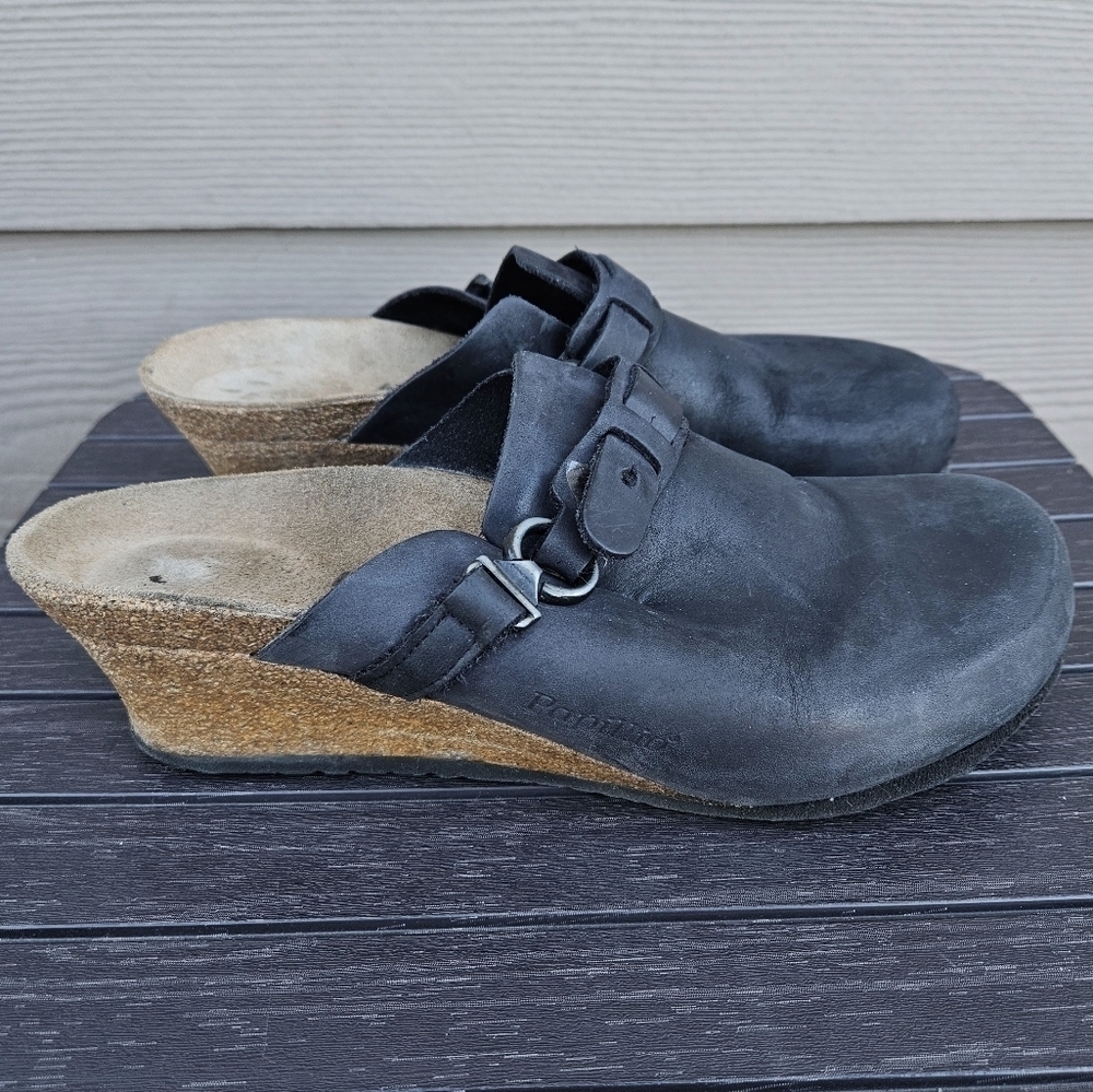 Birkenstock Papillio Fanny Wedge Black Leather Heeled Clog Buckle Shoes Women 41
